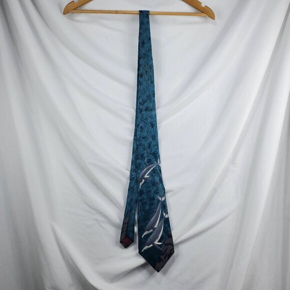 World Wildlife Fund Men's Blue Designer Tie Silk Humpback Whale Print (C-6) - Picture 2 of 10